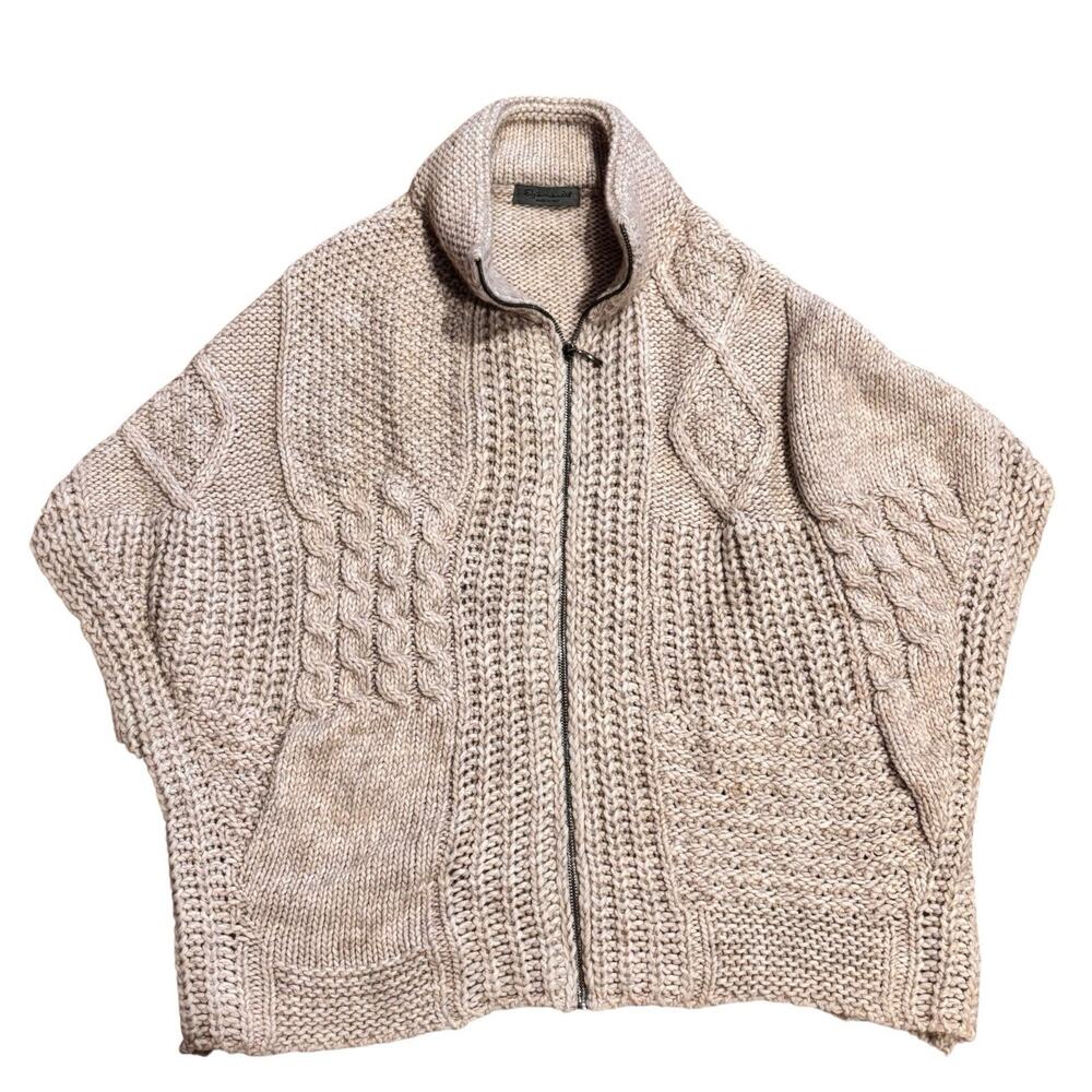 Anthro Tan Chunky Cable Knit Short Dolman Sleeve Zip Cardigan Wool Blend OS